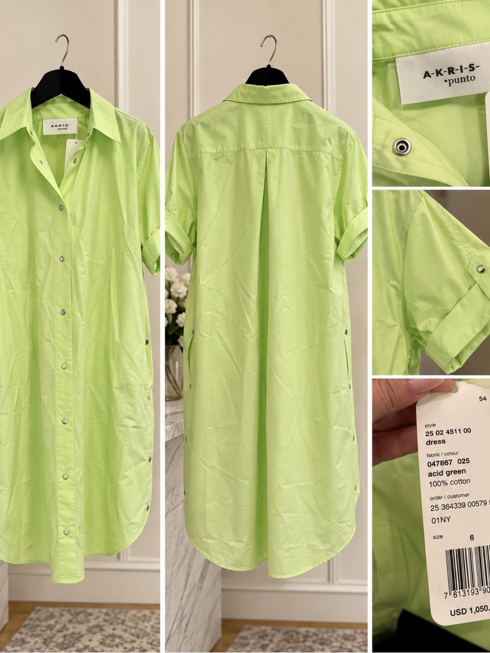 Akris Punto Acid Green Short-Sleeve Button-Down Shirt Dress